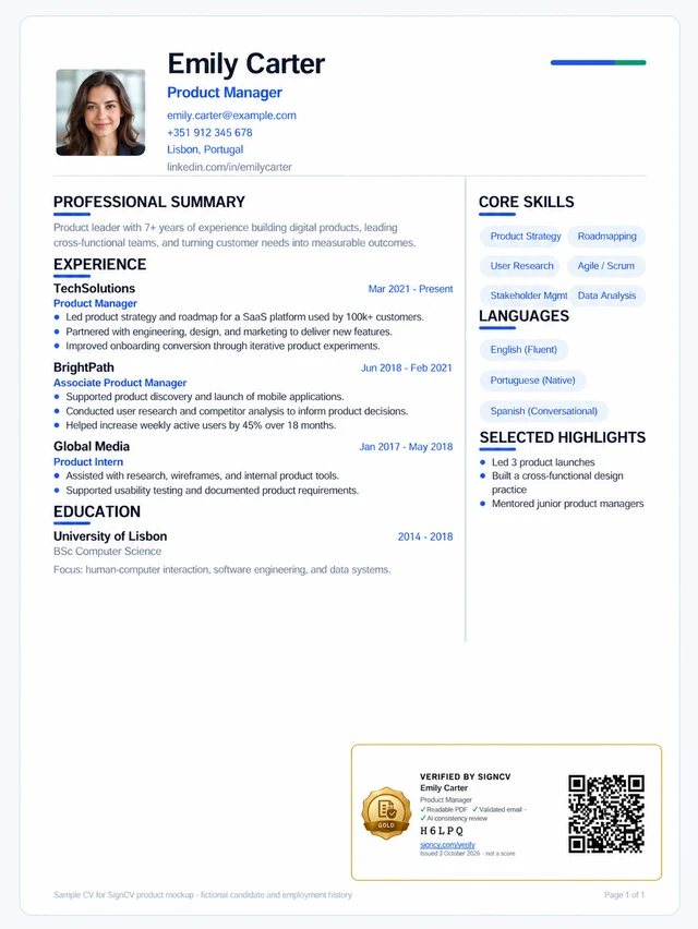 A resume verified by SignCV: the Gold badge, the checks it passed, its verification code and a QR code that opens its Verified CV page.