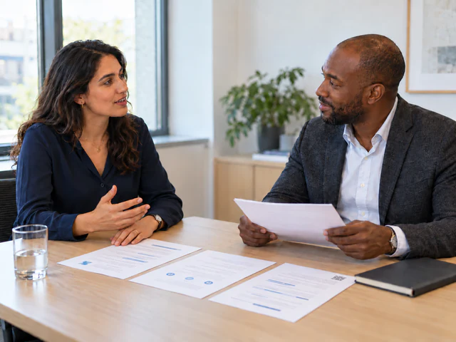 A recruiter and a candidate talking over printed resumes at a desk